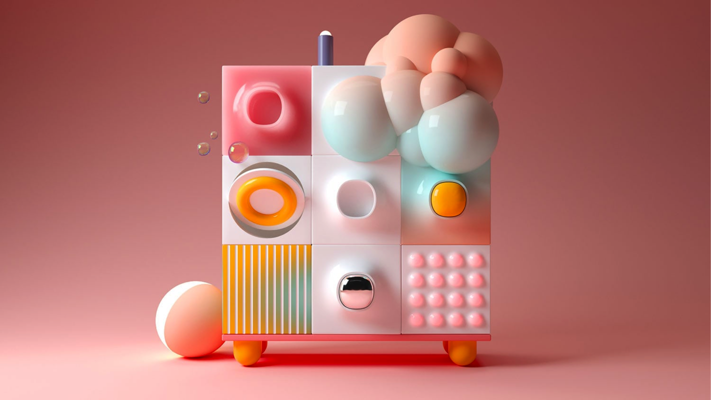 A render of three white cylindrical columns, against a warm creme background
